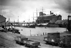 The sailing barque Lota moored alongside Carrs Flour Mill in Silloth