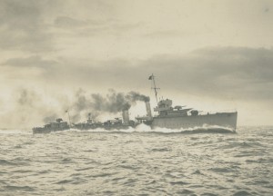 View of a V class destroyer at sea. It’s unclear whether the vessel is HMS Verdun, HMS Versatile or HMS Verulam (TWAM ref. DS.HL/2/100/3)