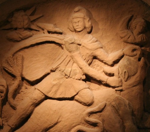 Reconstructed Mithras Tauroctony scene. 